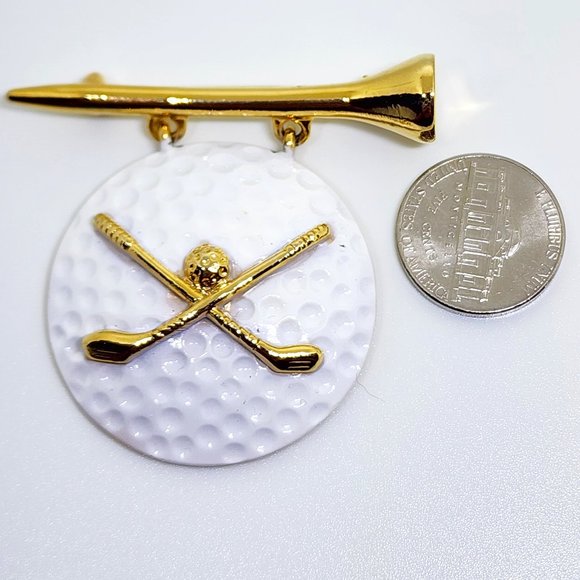 Vintage AJC Goldtone Golf Tee with White Enamel Golf Ball Cross Clubs Pin Brooch - Picture 4 of 7